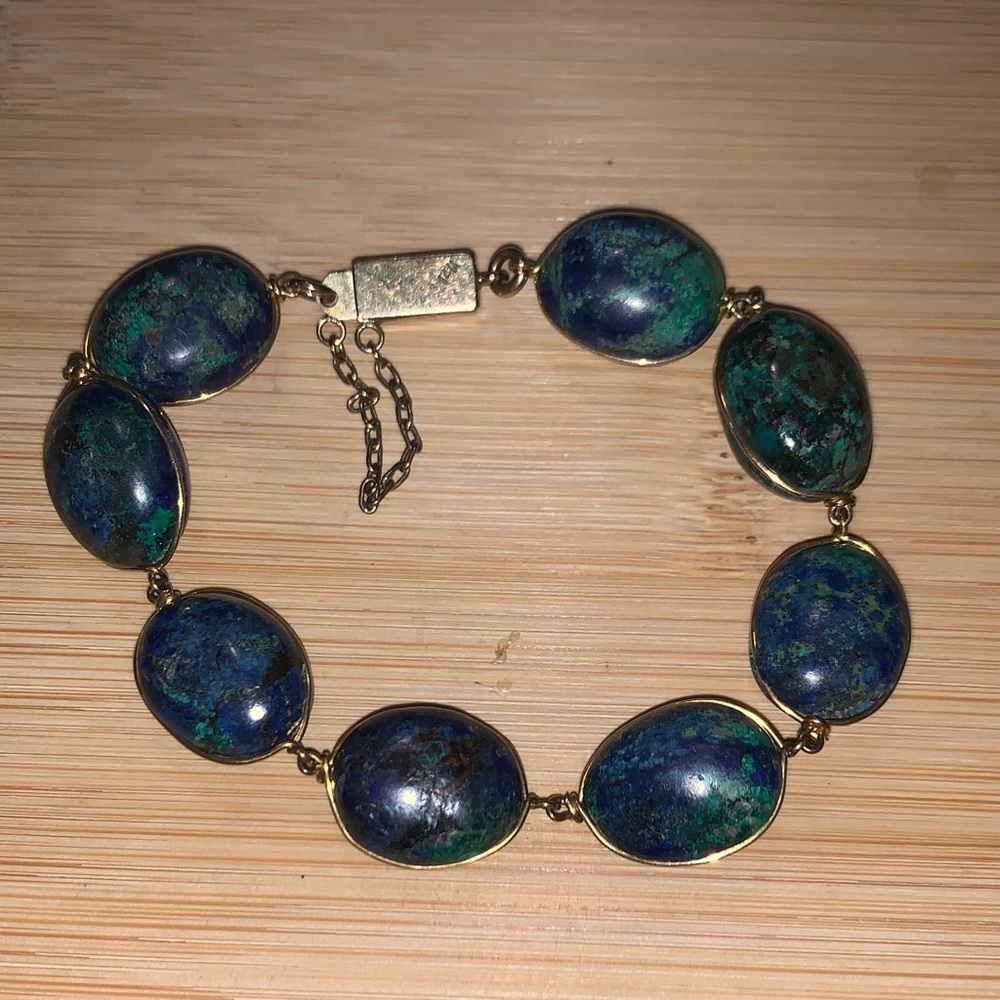 Vintage 14k Gold Azurmalachite Stone Link Bracelet - Picture 2 of 7